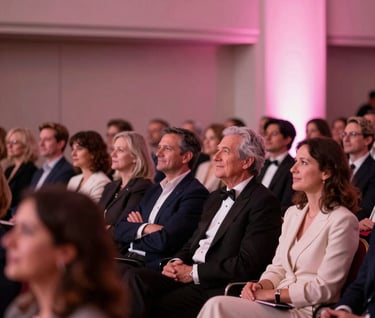 A candid shot of an elegant audience in a North American / US performance hall, bathed in softest pink atmospheric light, reflecting a sophisticated and inviting mood.
