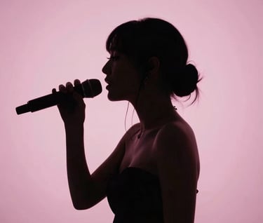 A silhouette of a singer with a sophisticated hairstyle against a softest pink backlit background in a North American / US theater, exuding timeless grace and mystery.