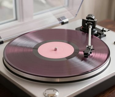 A high-fidelity record player in a modern North American / US living room. A vinyl record is spinning, reflecting soft pink and dusty rose colors from a nearby window. The setting is clean, luxurious, and sophisticated.