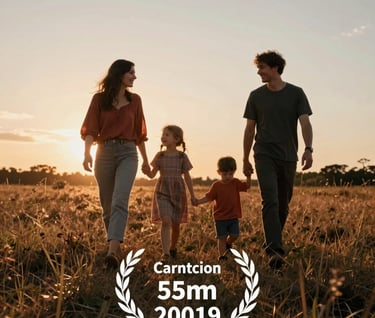 A low-angle shot of a family walking through a meadow at sunset. The lighting is backlit, creating a warm golden rim light. The color palette features Terracotta earth and Charcoal shadows in the grass. Candid and cinematic.