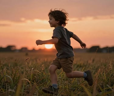 A cinematic shot of a young child running through tall grass, backlit by a warm, terracotta sunset. The composition captures a moment of pure, authentic joy and freedom.