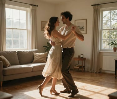 A couple dancing slowly in a sun-lit living room, warm soft sand light streaming through windows, cinematic shadows, authentic lifestyle storytelling.