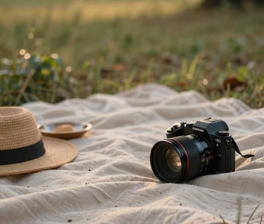 A detail shot of a picnic spread on a soft sand colored blanket in a meadow, with the warm, cinematic light of evening filtering through the trees.
