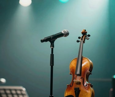 A professional shot of a stage stage from a low angle, focusing on a microphone and a violin on a stand. The lighting is a mix of #386F6F teal and soft #E6EBE0 spotlights. The composition conveys a sense of anticipation and musical depth.