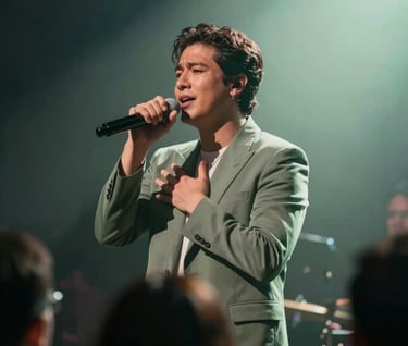 An inspiring image of Lyan Galindo performing live. He is bathed in a soft sage #91AA9D spotlight, expressing deep emotional connection with his audience. The composition is dynamic and elegant, reflecting his professional musical career.