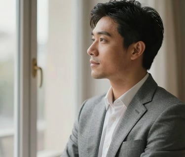 Lyan Galindo in a moment of quiet reflection, looking towards a window with soft, natural light illuminating his face. He is wearing a sophisticated #1A2D3A suit. The atmosphere is warm and inviting, capturing his personal resilience and inner strength.