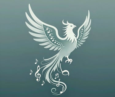 Abstract musical notation morphing into a phoenix rising, elegant lines using #386F6F and #E6EBE0, representing the theme of musical resilience.
