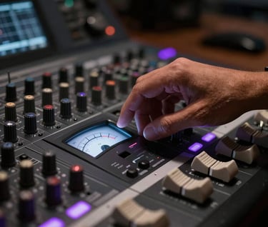 Close-up of a producer's hand adjusting a high-tech mixing console in a professional studio in Spanish / Latin American region. Dark mode aesthetics with glowing soft platinum grey meters and vibrant electric violet status lights. Minimalist, premium music app feel.