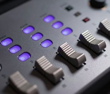 Close-up of high-end audio production equipment in a professional Spanish / Latin American music studio. Charcoal grey metallic surfaces, glowing electric violet indicators, soft platinum reflections. Sharp focus, minimalist depth of field.