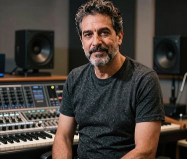 A portrait of an experienced music producer in a modern Spanish / Latin American studio environment, sharp focus, professional lighting with graphite and obsidian black tones.