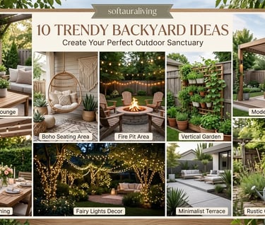 Outdoor home decor ideas 2026 featuring stylish backyard with cozy seating, plants, and modern light