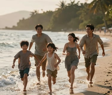 A family of four running joyfully along a shoreline, water droplets glistening in the sun-drenched evening light, cinematic and premium style.