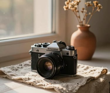 A cinematic shot of a vintage camera sitting on a Soft Sand colored linen cloth next to a small terracotta vase with dried flowers. The scene is bathed in the warm glow of late afternoon sun coming through a window.