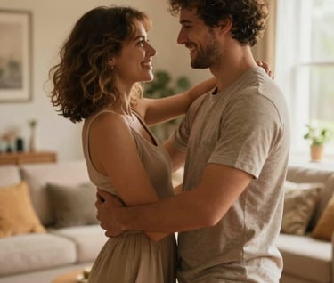 A joyful, candid shot of a couple dancing in a sun-lit living room. The style is cinematic with a shallow depth of field, focusing on their smiling faces. The room is decorated in a premium yet approachable style with warm wood and soft sand textiles.