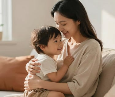 A mother and child sharing a quiet moment of connection in a sun-lit room. Cinematic lighting, soft shadows, and a friendly, approachable style. The palette is dominated by Soft Sand and warm Terracotta accents.