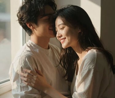A lifestyle shot of an authentic couple sharing a quiet, candid moment by a window, warm soft indoor lighting with sunbeams. Premium and approachable aesthetic.