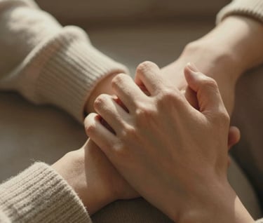Close-up detail of hands intertwined, sunlight catching the texture of soft knitwear and sun-kissed skin, warm and authentic atmosphere, cinematic lifestyle photography.