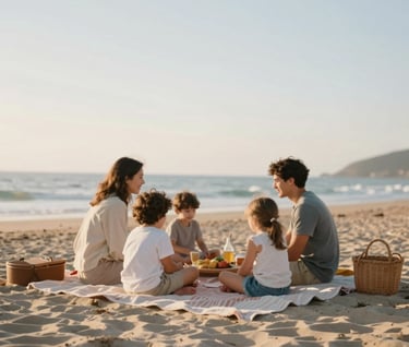 A lifestyle shot of a family picnic on a sandy beach during golden hour, charcoal blankets and terracotta accessories, soft cinematic glow, authentic storytelling.