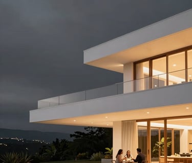 A wide-angle landscape architectural photograph of a luxury villa at night. The building is a series of pure white floating planes illuminated from within by warm light, contrasted against a deep charcoal grey sky. A professional couple is seen dining on the terrace, capturing a South American / Brazilian evening.