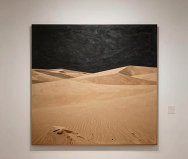 A wide, minimalist view of a South American / Argentine art exhibition space. A single large artwork hangs prominently, dominated by deep charcoal black and warm desert sand tones, under a soft off-white ceiling.