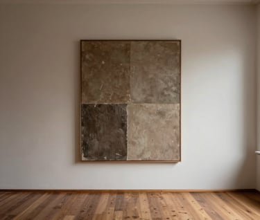 A wide-angle photograph of a minimalist studio wall in Buenos Aires. A single, large artwork featuring rich textures and earthy taupe tones hangs centrally. The room is mostly empty, with soft natural light spilling across the wooden floor, creating an enigmatic and thoughtful atmosphere.