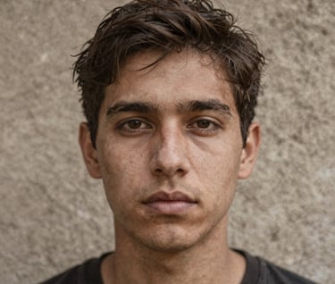 Double exposure image of a face and a textured wall in Earthy taupe tones, conveying depth and mystery, South American / Argentine style.