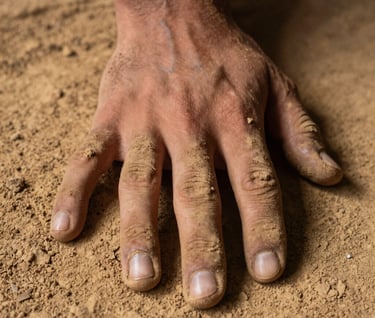 Close-up photography of a human hand covered in warm dusty tan pigment, touching a rough, textural surface. Contemplative and intimate mood in a South American / Argentine context.
