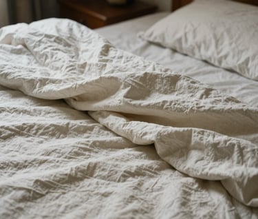 Analogue photograph of an unmade bed with Soft off-white linen, capturing the absence of a body in a South American / Argentine home.