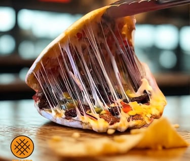a person cutting a Toastis Toastup pizza with a knife and fork