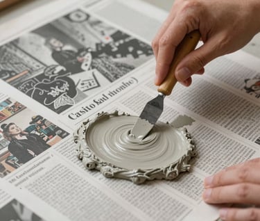 Close-up of a collage process in an International / Urban Art Scene workshop, showing hands using a palette knife to apply soft concrete grey paste over newsprint.