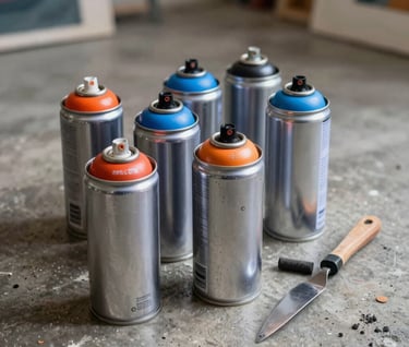 A still life of professional artist tools in an International / Urban Art Scene studio: several spray paint cans with safety orange and vibrant blue caps sitting on a poured concrete floor next to a used palette knife and charcoal sticks.
