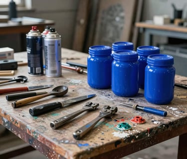 A workshop vibe photograph of an artist's workbench in a International / Urban Art Scene setting. The table is covered in paint-stained tools, spray cans, and vibrant electric blue jars. The background shows the blurred outlines of an industrial loft.