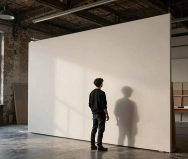 A professional artist in an International / Urban Art Scene workshop, standing before a massive canvas. The space is a converted warehouse with high ceilings, exposed brick, and industrial pendant lighting. The artist's silhouette is cast against the glowing soft off-white walls.