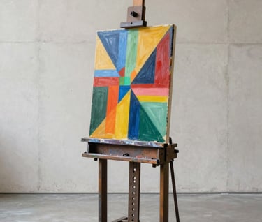 A finished artwork displayed on a heavy-duty industrial metal easel. The painting is bold and colorful, contrasting against the monochromatic off-white concrete background of a International / Urban Art Scene gallery. Wide open whitespace surrounds the piece.