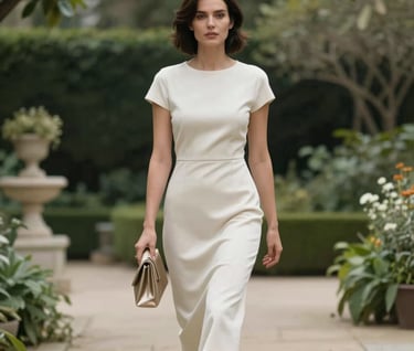 A sophisticated woman walking through a serene North American / Western European garden, wearing a minimal soft off-white dress and holding a muted gold clutch, soft cinematic lighting.