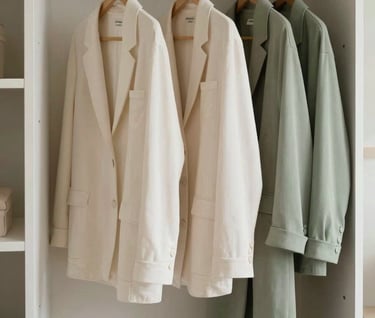 A serene and minimalist walk-in wardrobe in a North American / Western European home, featuring a curated collection of clothes in soft off-white and muted sage green. The scene is calm, clean, and inspiring.