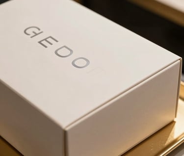Close-up photography of luxury product packaging; a matte soft off-white box embossed with minimalist charcoal grey typography. The box sits on a muted gold tray in a sophisticated North American / Western European boutique setting. High-end, premium feeling with soft shadows.