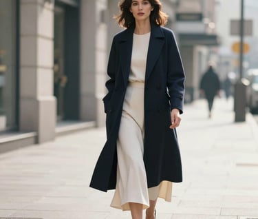 A stylish woman walking down a clean, modern North American / Western European city street, wearing a flowing cream midi skirt and a structured dark charcoal blue coat, soft morning light.