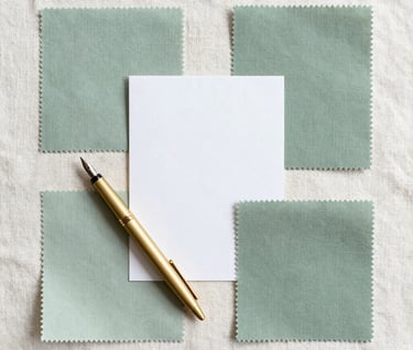 An aesthetic flat-lay photography featuring a mood board with fabric swatches in muted sage green, a soft gold fountain pen, and a minimalist style guide on a soft off-white linen background, North American / Western European setting.