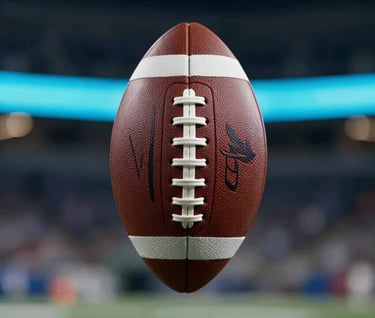 An artistic shot of an American football spiraling through the air, perfectly centered. The background is a bokeh-blurred night stadium with electric cyan and slate blue light streaks. Professional sports photography style, high contrast, crisp details on the leather texture.