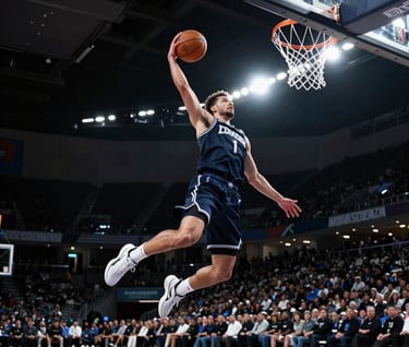Action shot of a basketball player suspended mid-air during a dunk, North American indoor stadium, high-contrast lighting with cool silver highlights and deep slate shadows, razor-sharp detail.
