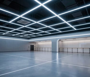 A wide-angle landscape shot of a futuristic indoor sports training facility in North America. The architecture is minimal with sharp lines, illuminated by long sky blue LED strips. The floor is a polished dark grey, reflecting the high-tech ceiling structure. Empty, silent, and atmospheric.