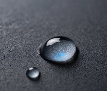 Macro photography of clear water droplets on a dark charcoal surface, reflecting a baby blue light. The image is crisp, clean, and highlights minimalist beauty and texture.