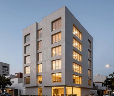 Wide shot of a completed architectural project at dusk in a South American city, showing a minimalist facade with light gray panels and large windows glowing with warm light against a baby blue twilight sky.