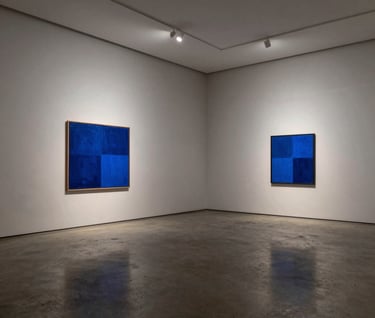 A wide-angle professional photograph of a minimalist gallery space in a South American city. The walls are a neutral light grey, the floor is polished concrete, and a single abstract piece with blue tones is displayed. The mood is silent and sophisticated.