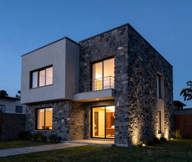 Wide-angle photography of a contemporary South American residence at dusk. The building features dark grey stone and light grey panels. Internal warm lighting contrasts with the deep baby blue of the evening sky.