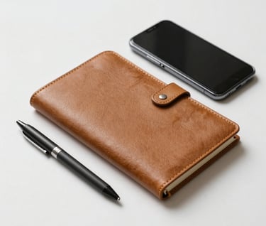 Still life photography of a clean North American workspace featuring a charcoal pen, a tan leather notebook, and a professional smartphone. The composition is minimalist and organized, with soft shadows and professional lighting.