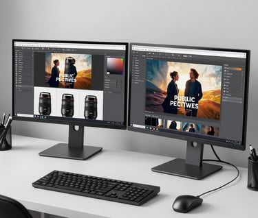 A clean, high-end North American professional workspace featuring dual monitors displaying vibrant graphic design work for a public relations campaign, with a white and charcoal color palette.