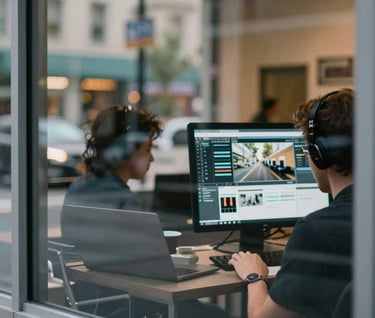 A bustling North American urban street scene seen through the large glass window of a modern agency. Inside, a blurred figure of a professional is working on a digital storyboard, capturing a dynamic, fast-paced storytelling environment.
