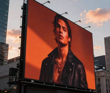 A large, high-impact billboard in a North American city center at sunset, displaying a powerful advertising campaign with reddish orange and charcoal elements that stand out against the urban sky.